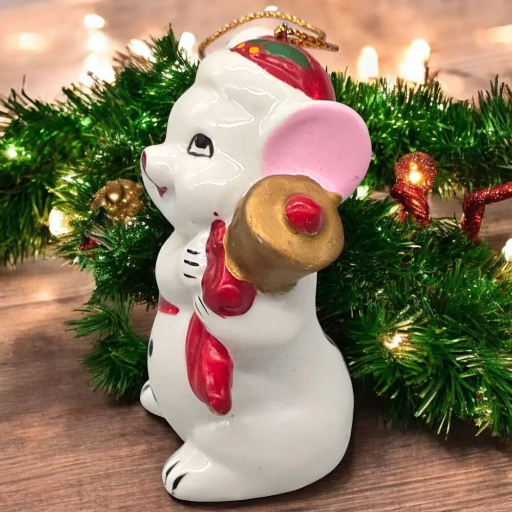Vtg Ceramic Mouse Christmas Ornament Holding Goldtone Bell 3